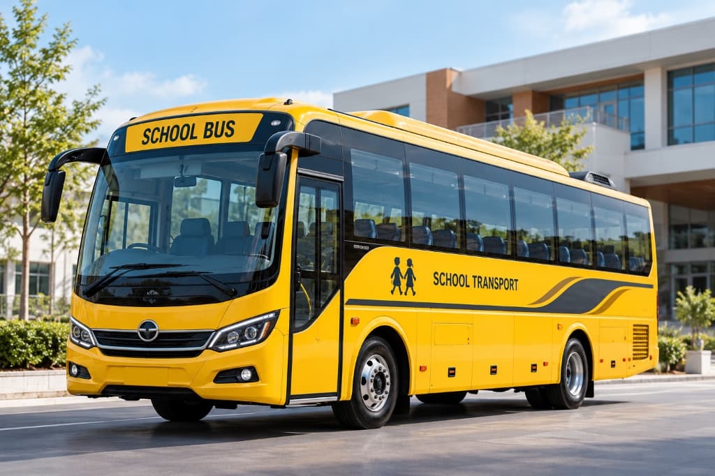 Modern yellow school bus with School Transport signage outside campus