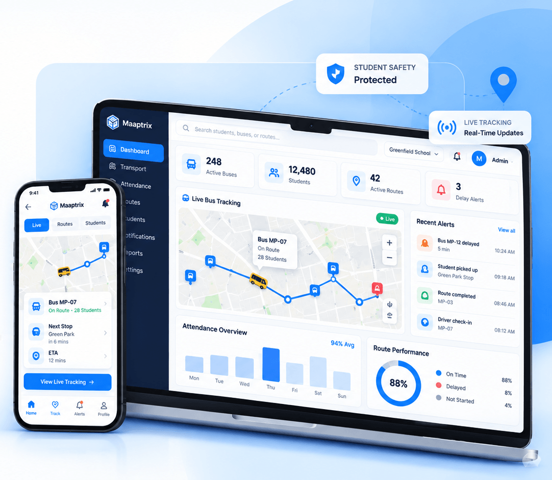 Maaptrix dashboard on a laptop with live bus tracking, attendance overview and route performance, beside the Maaptrix mobile app showing live bus tracking