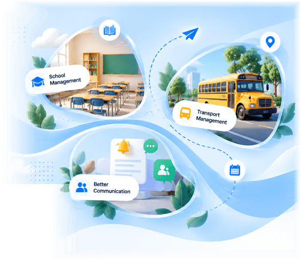 Maaptrix connected school operations blueprint with school management classroom, school transport bus, and communication platform