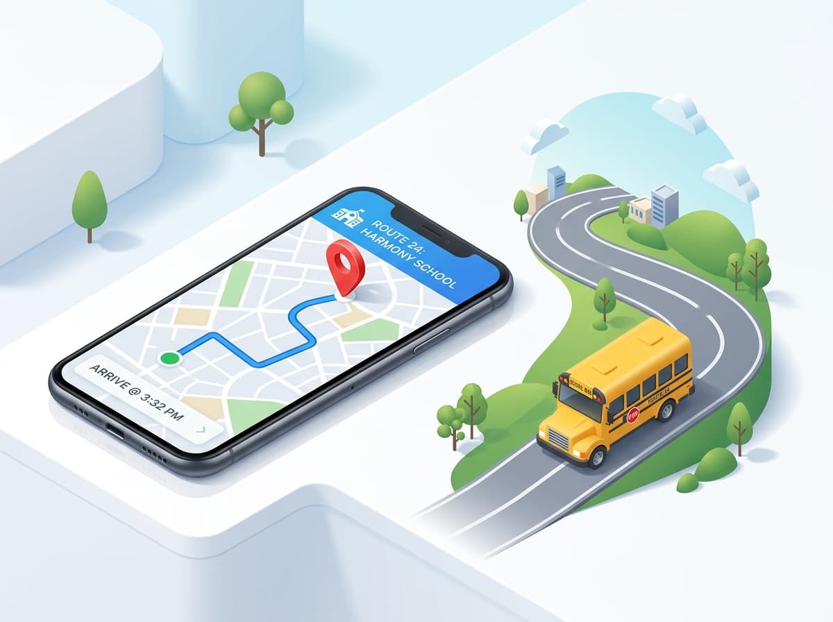 Parent app showing a school bus route, with a school bus on the road