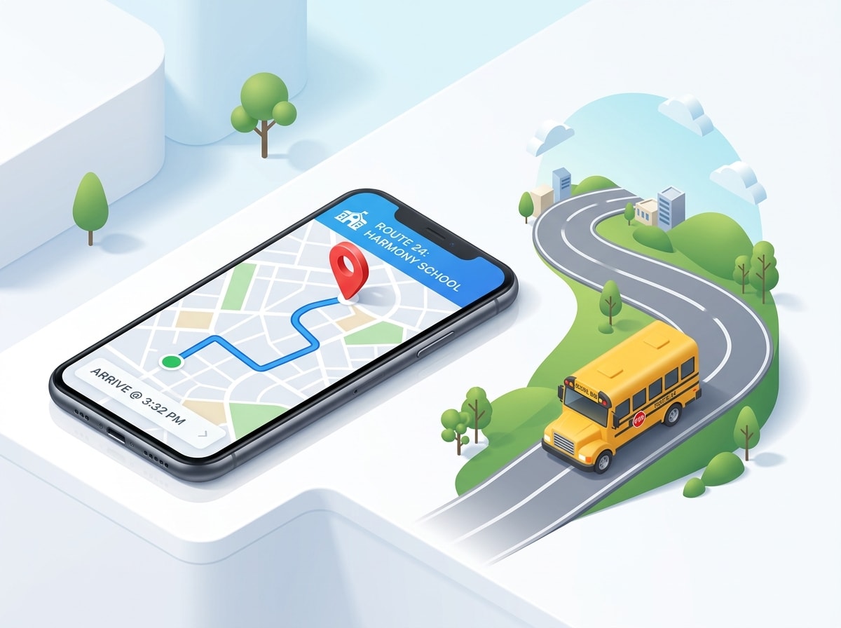 Smartphone showing a school bus route map beside a school bus